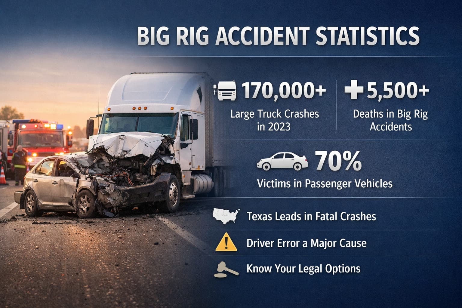Big rig accident scene showing a semi-truck collision with a passenger car, highlighting US truck crash statistics and roadway safety risks.