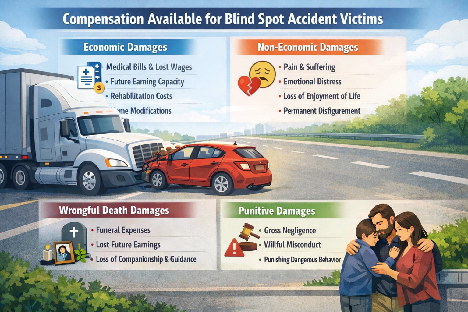 Infographic showing a semi-truck causing a blind spot accident with a car, explaining economic, non-economic, wrongful death, and punitive damages available to victims