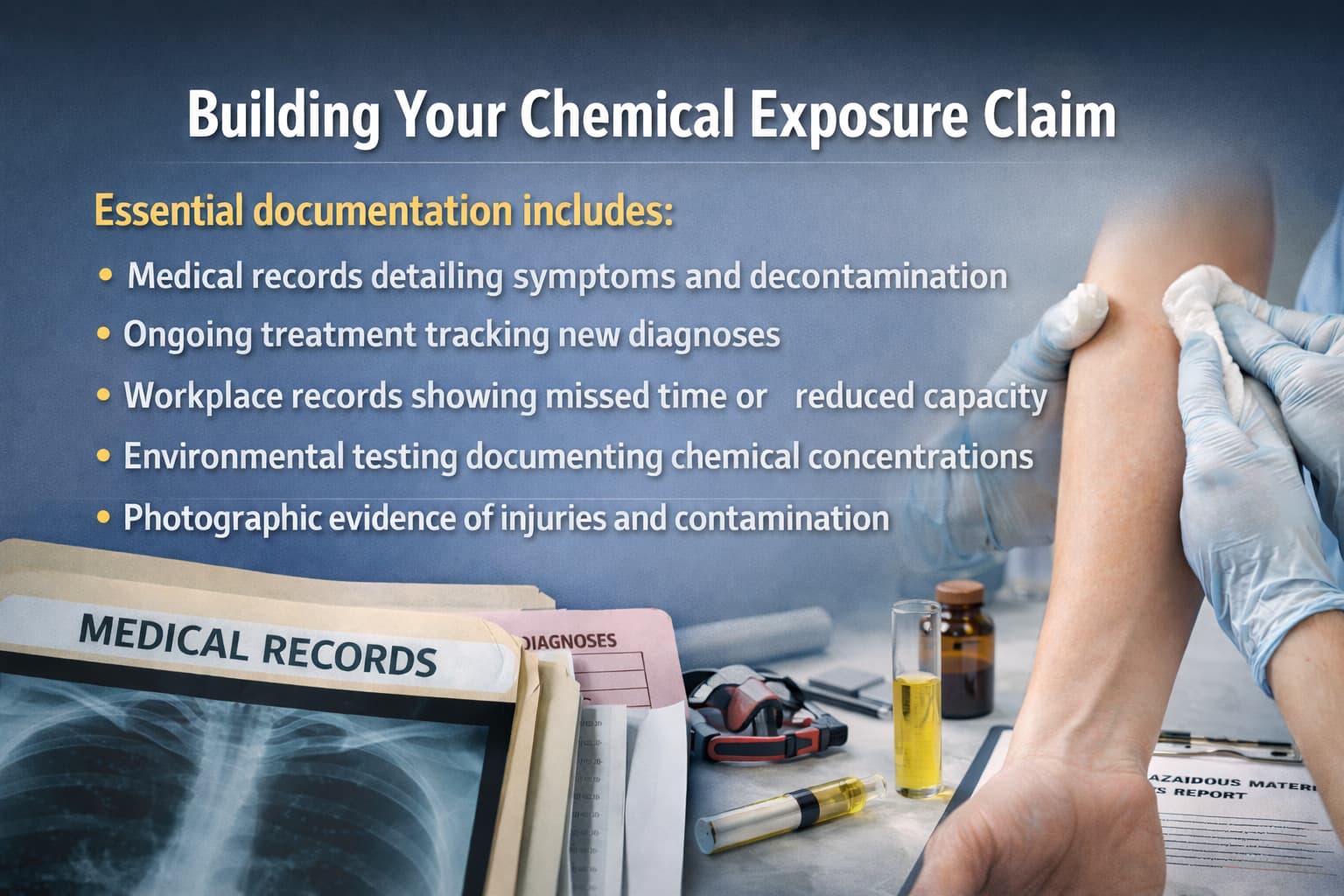 Infographic showing how to document a chemical exposure claim with medical records, treatment history, workplace data, and environmental testing