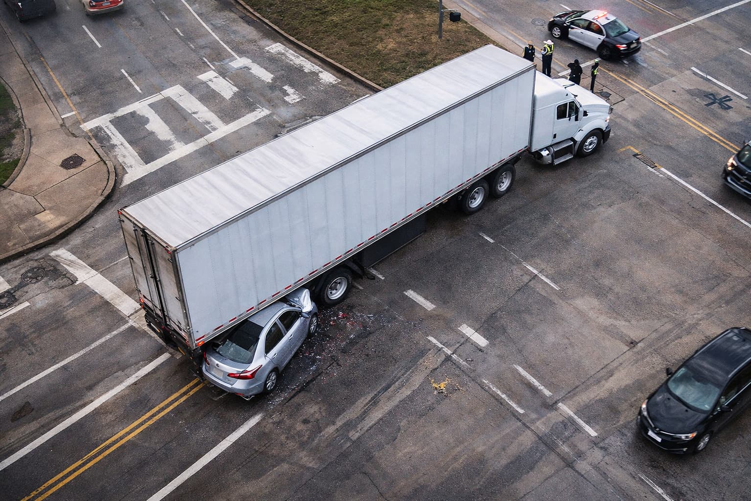 Aerial view of a wide turn truck accident at a Houston intersection showing an 18-wheeler trapping a passenger car during a turn.