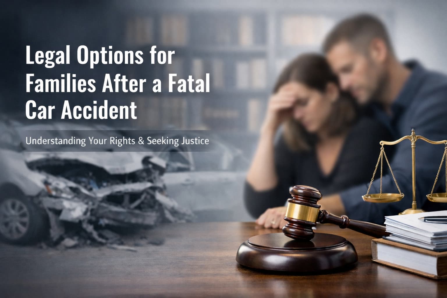 Blurred family with legal gavel and scales symbolizing legal options for families after a fatal car accident in Texas