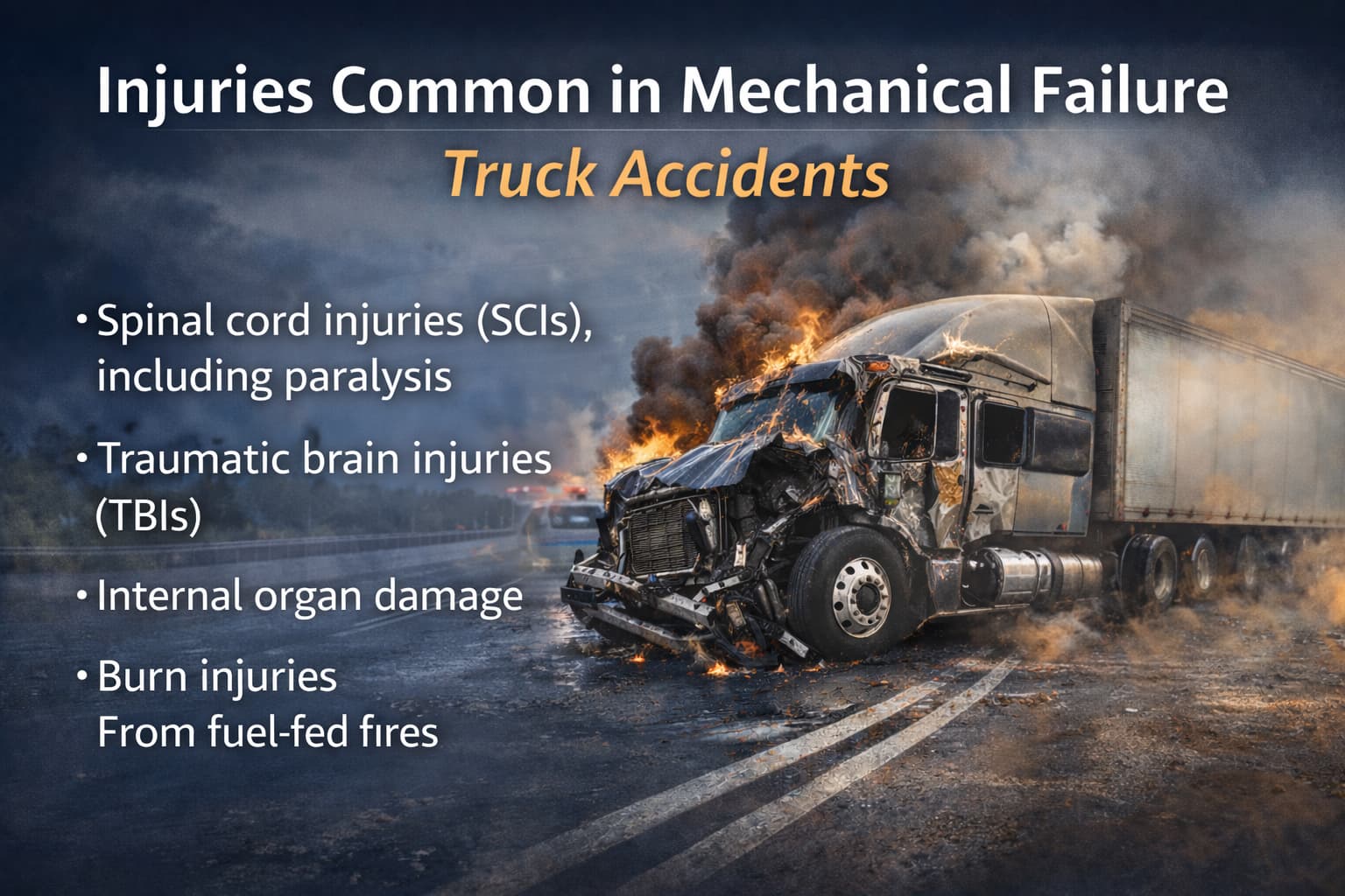 Text graphic explaining common injuries in mechanical failure truck accidents, including spinal cord injuries, brain injuries, internal damage, and burns