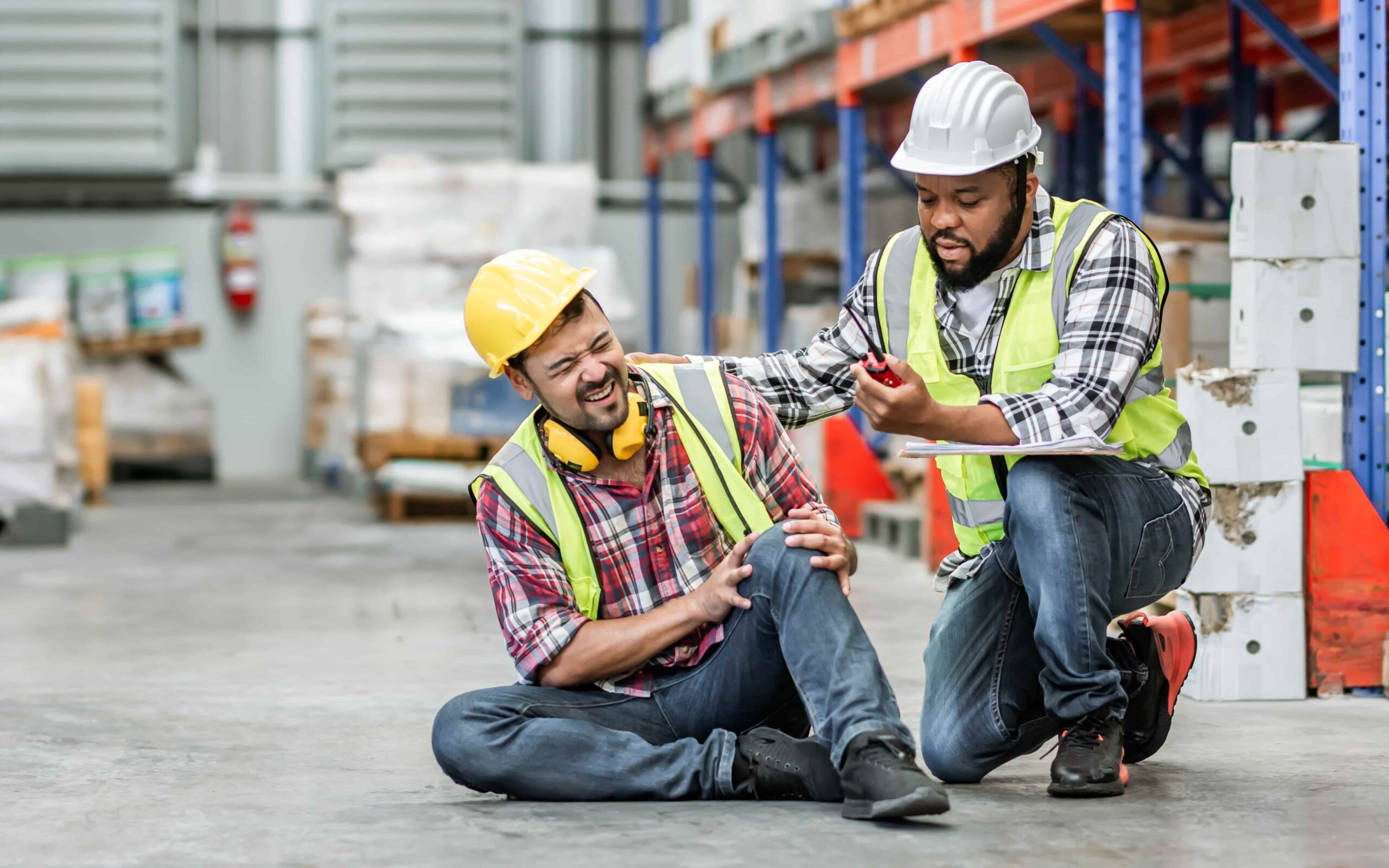 Warehouse worker injured on the job while a supervisor provides assistance and documents a workplace accident