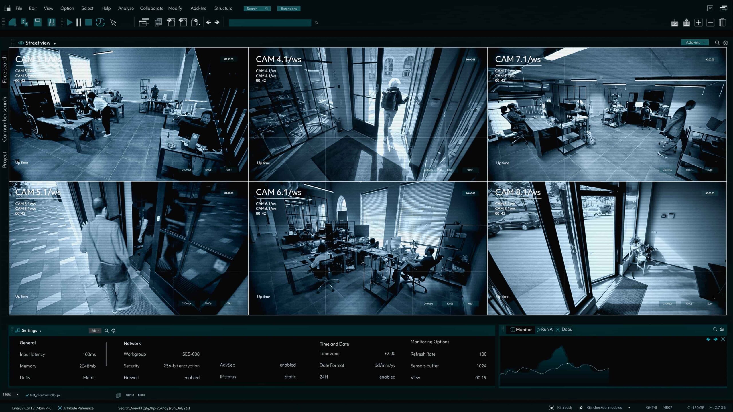 Security monitoring dashboard displaying multiple CCTV camera feeds inside an office building for workplace surveillance.