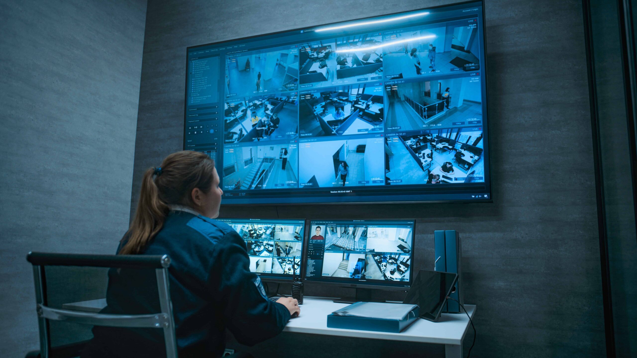 Security officer monitoring multiple CCTV surveillance feeds in a centralized control room.