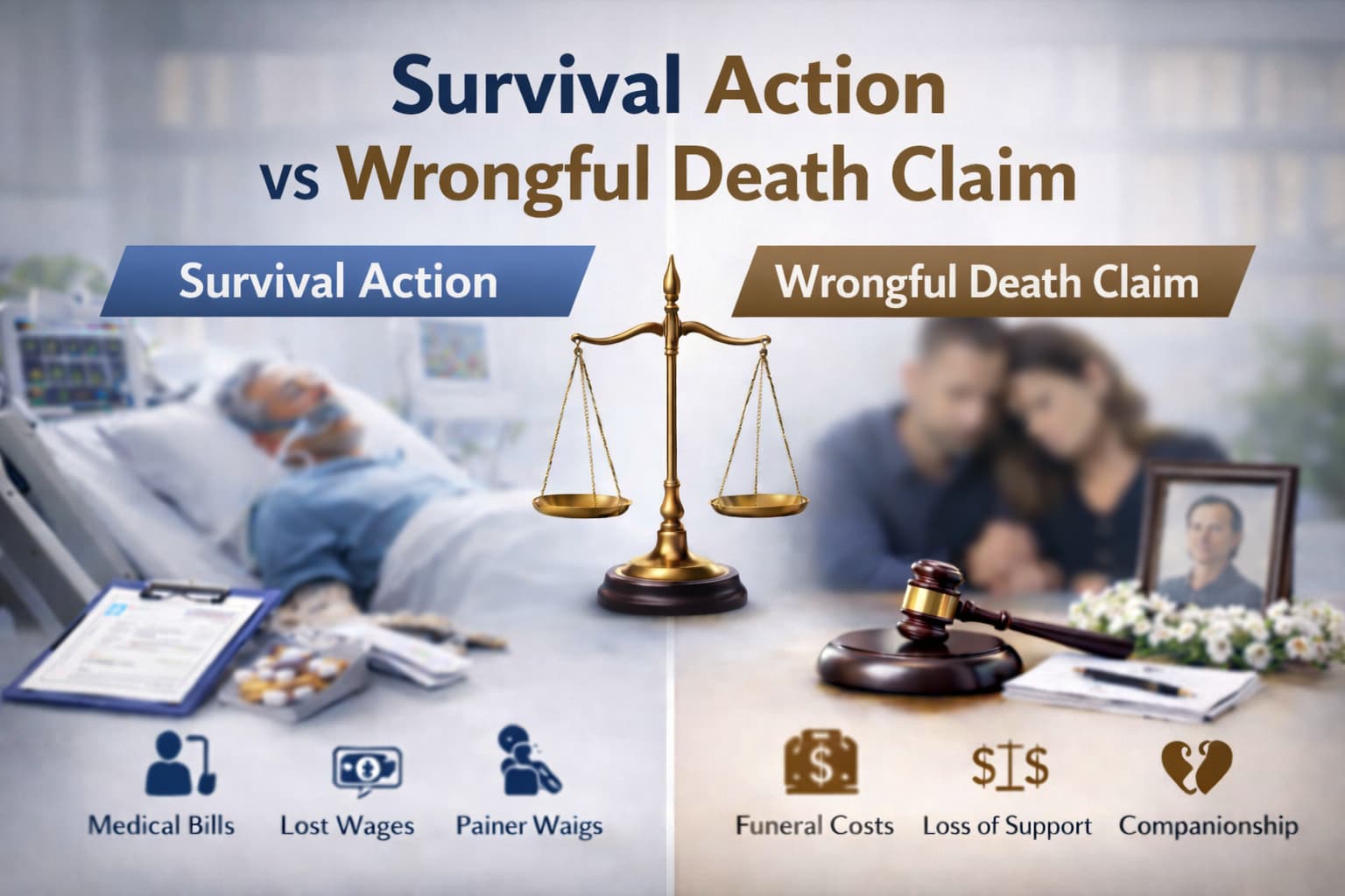 Visual comparison of survival action and wrongful death claim showing medical expenses, lost wages, funeral costs, and loss of support