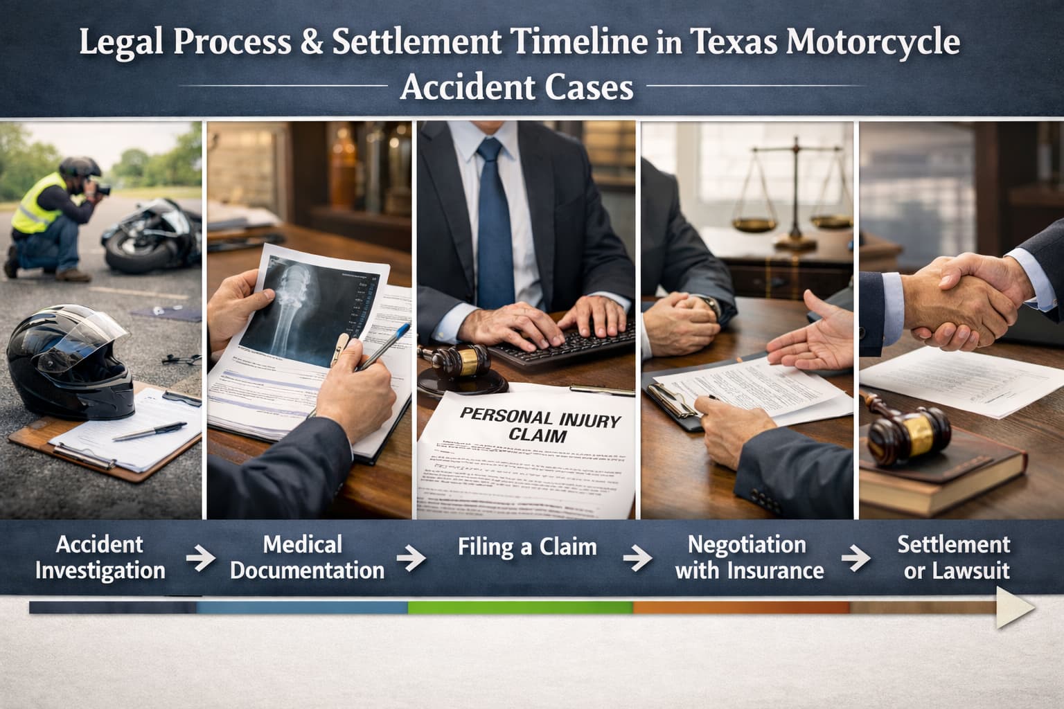 Legal process and settlement timeline for Texas motorcycle accident claims showing investigation, medical records, filing a personal injury claim, insurance negotiation, and settlement
