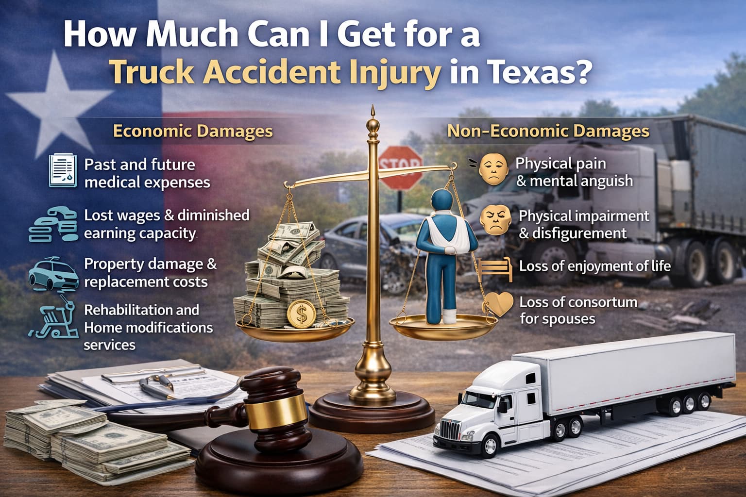 Texas truck accident injury compensation showing economic and non-economic damages, including medical costs, lost wages, pain and suffering