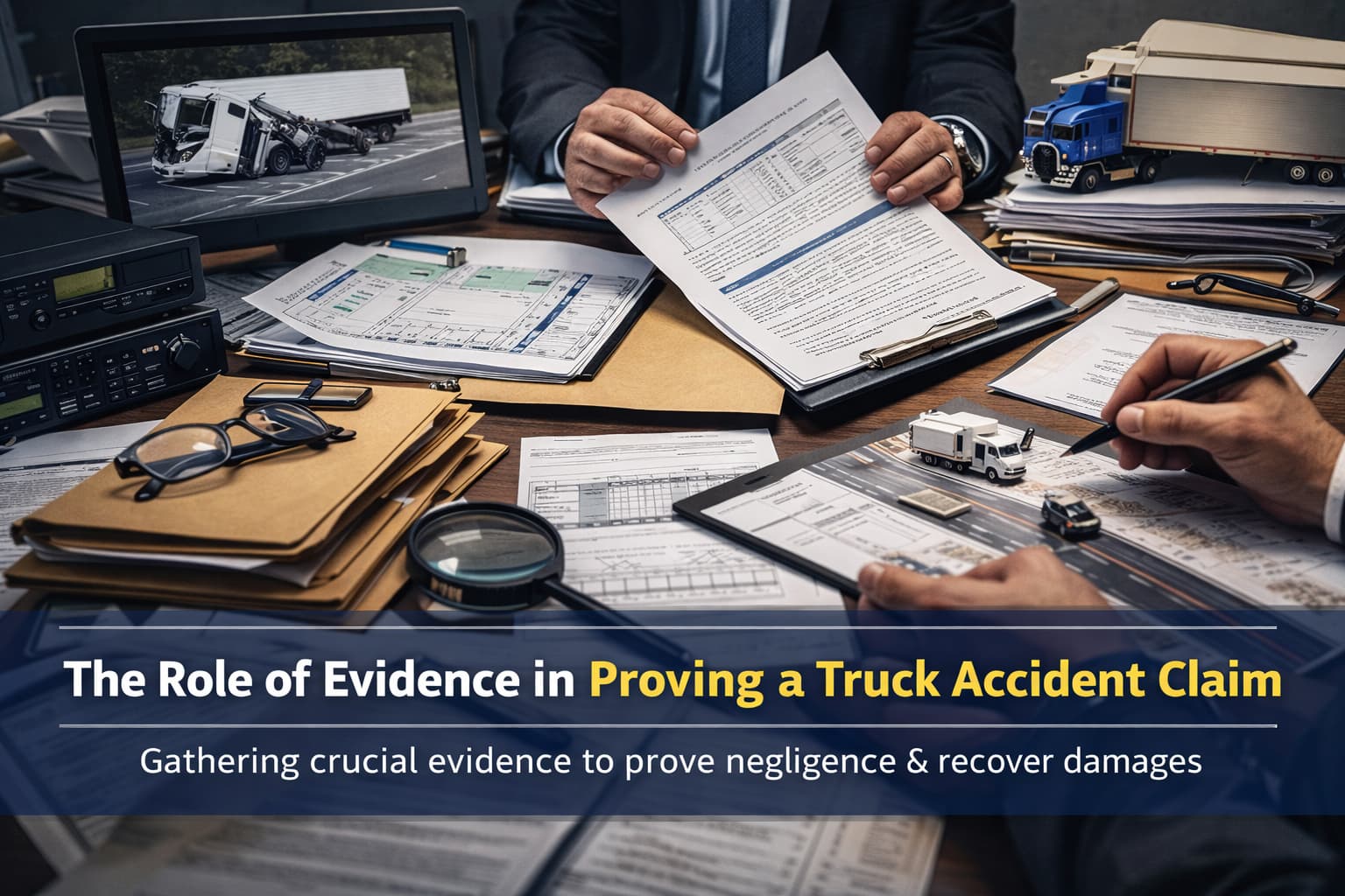 Truck accident evidence including black box data, driver logs, dashcam footage, and legal documents reviewed by attorneys