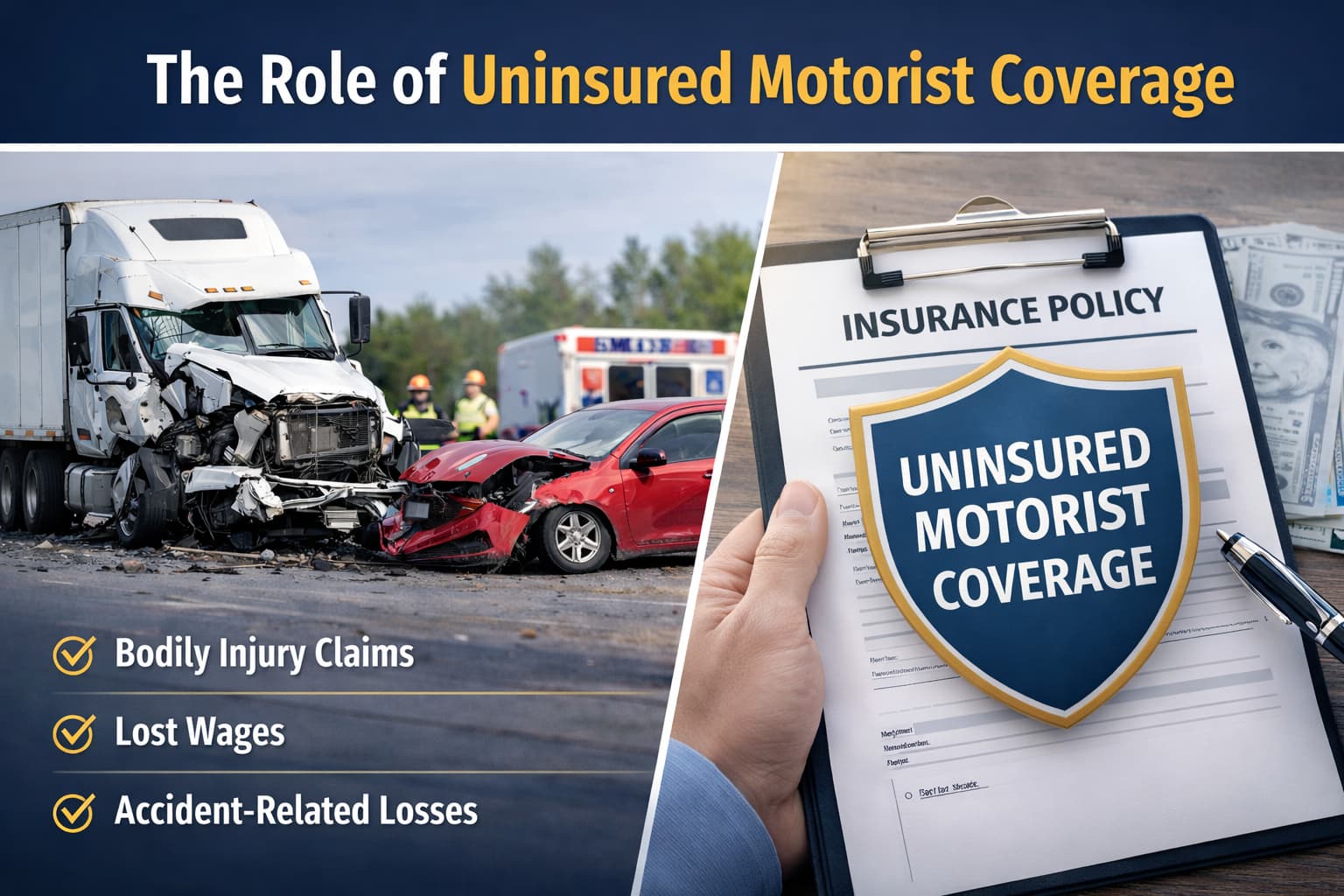 Uninsured motorist coverage illustration showing a truck accident scene and insurance policy protecting victims from uninsured truck driver losses